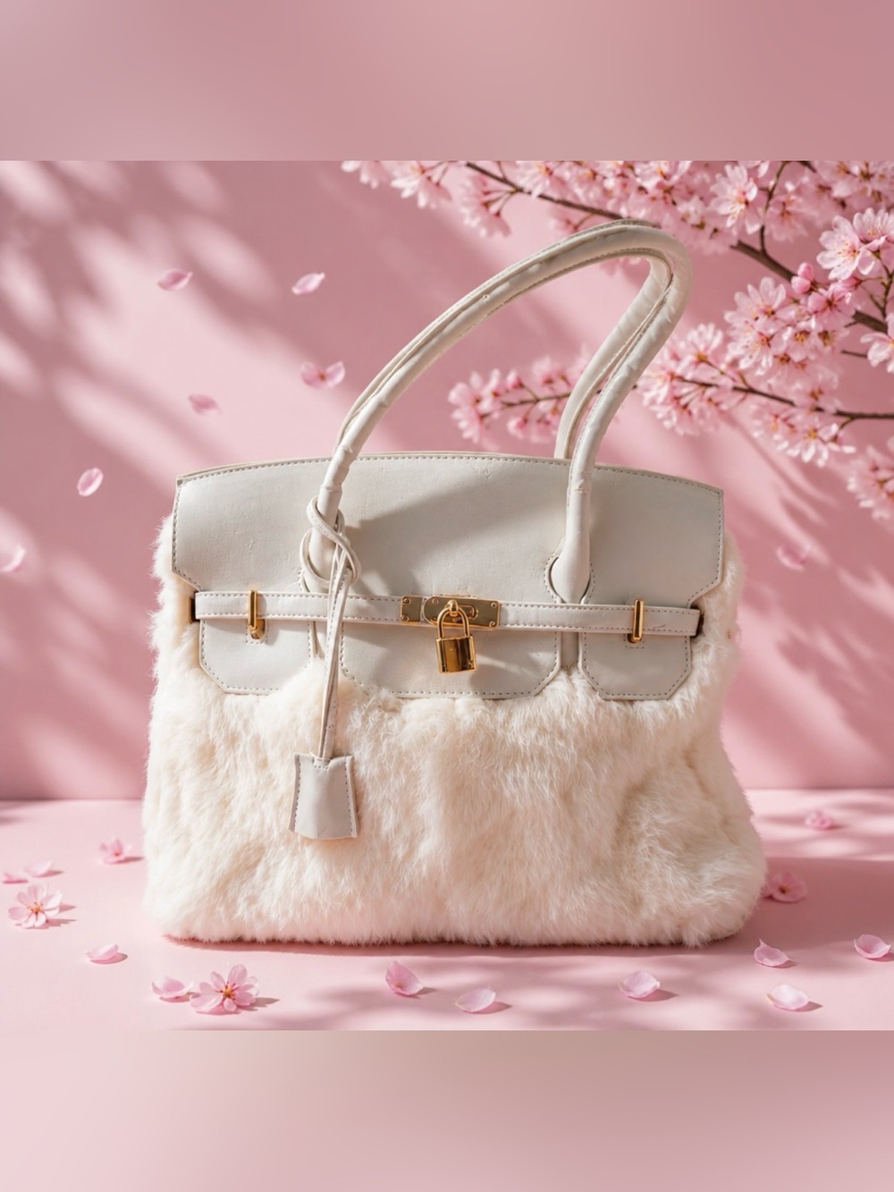 Vintage Y2K Rabbit Fur White  Top-Handle Tote Bag with Gold Hardware